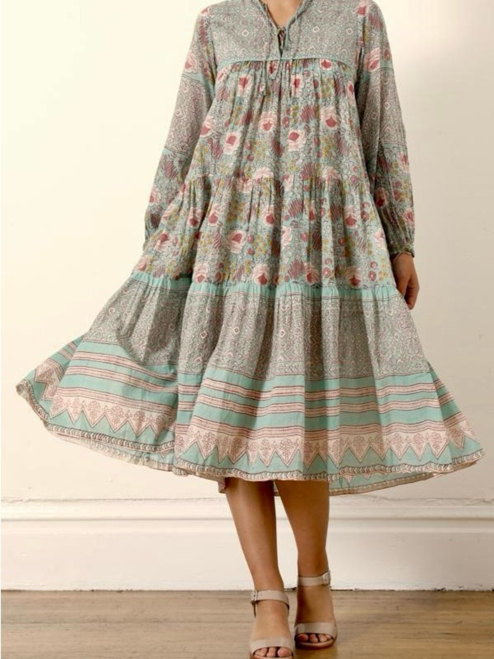 Vintage Matta Yamini Booj Block Print Midi Dress in Aqua, Pink & Yellow- Medium
